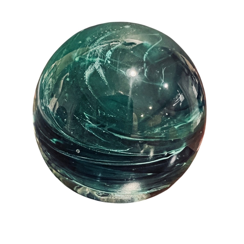 Vintage Kerry Glass Ireland Green Swirl Bubble Art Glass Paperweight Orb 3"